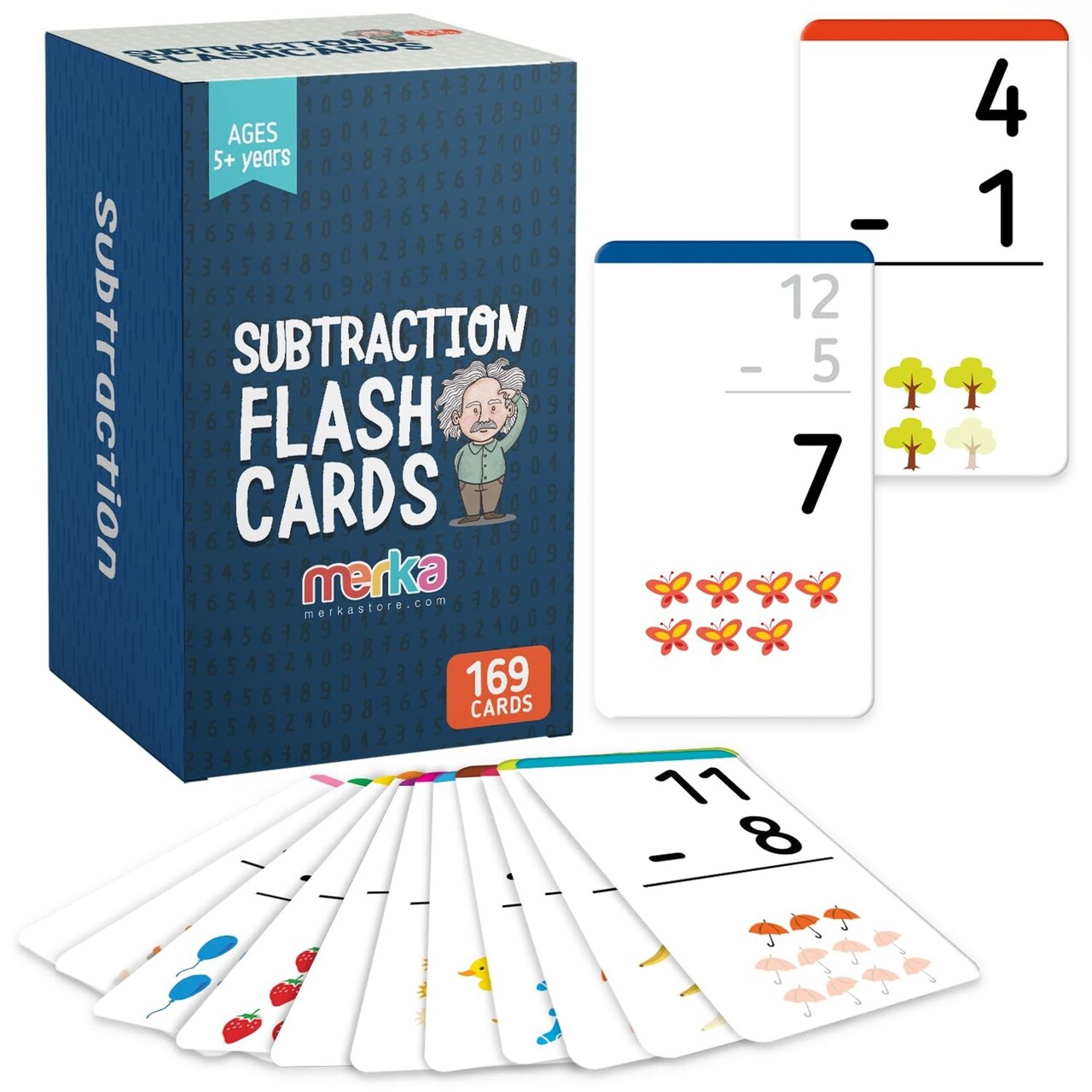 merka Subrtaction Flash Cards for Kids, Math Facts Flashcards, Preschool Math Set of 169 Cards, Flashcards for Kindergarten, Subtraction Games, Classroom Use and Homeschool Supplies